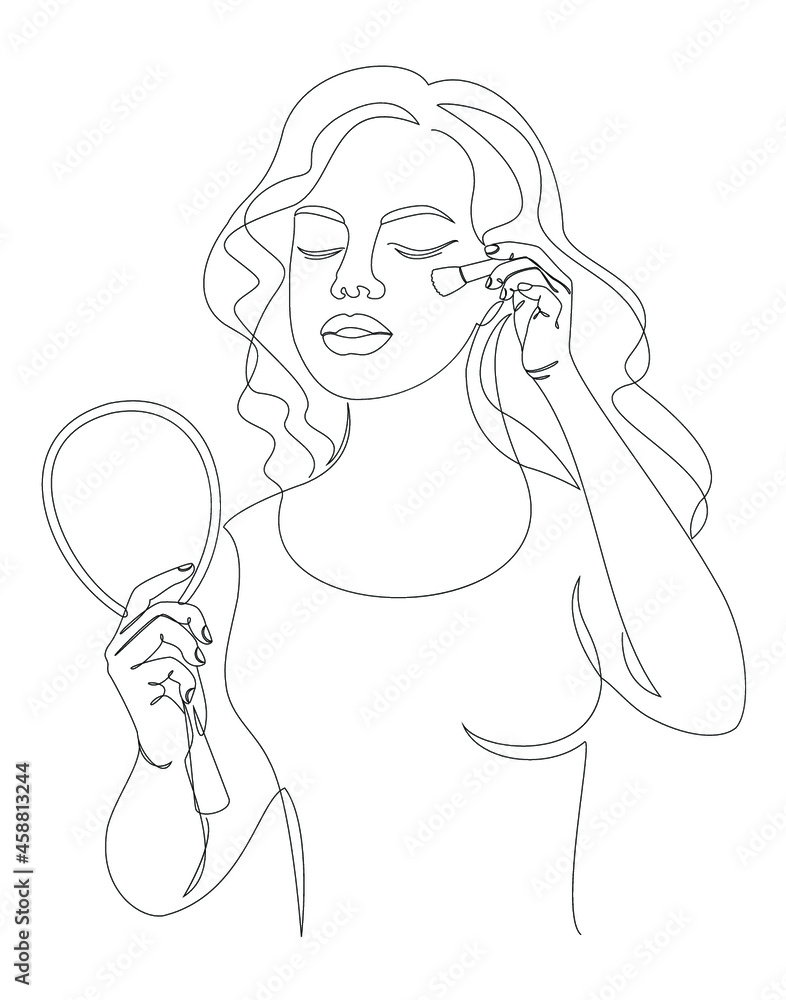 Silhouette of a lady. A woman does makeup, paints a blush in a modern style with one continuous line. Sketches for decor, posters, stickers, logo. Vector illustration. Silhouette of a lady. A woman does makeup, paints a blush in a modern style with one continuous line. Sketches for decor, posters, stickers, logo. Vector illustration.