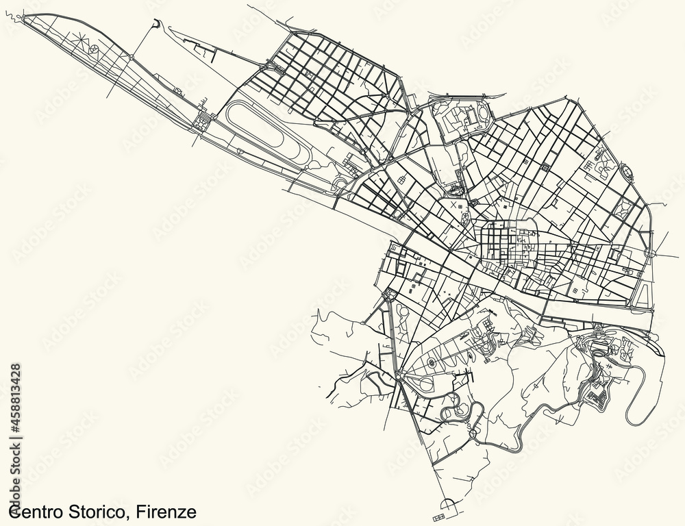 Detailed navigation urban street roads map on vintage beige background of the quarter Quartiere 1 Centro Storico district of the Italian regional capital city of Florence, Italy