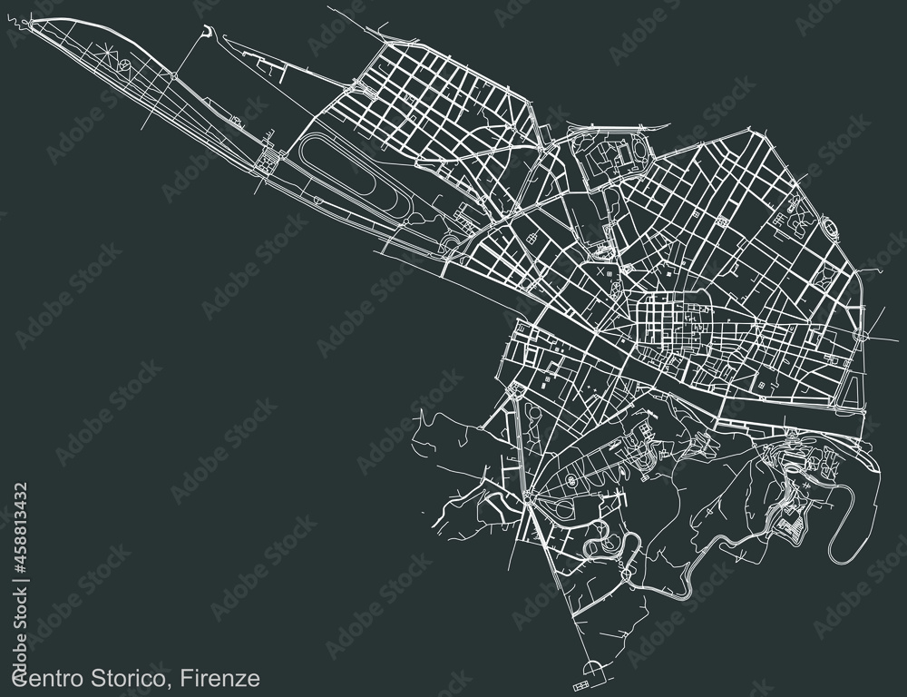 Detailed negative navigation urban street roads map on dark gray background of the quarter Quartiere 1 Centro Storico district of the Italian regional capital city of Florence, Italy