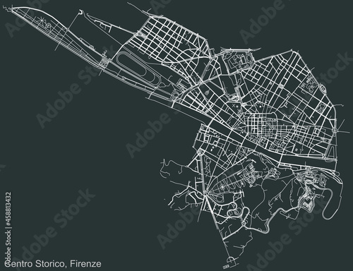 Detailed negative navigation urban street roads map on dark gray background of the quarter Quartiere 1 Centro Storico district of the Italian regional capital city of Florence, Italy