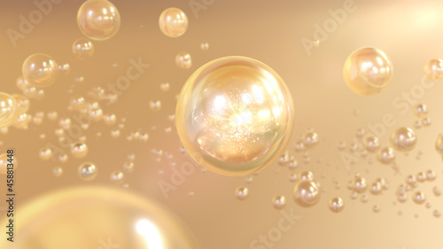 Cosmetic 3d Golden Serum bubbles on a bright background. Collagen bubbles Design. Moisturizing Cream and Serum Concept.