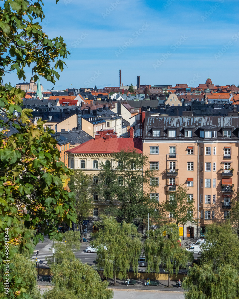 View of buildings and roofs of the city from Stockholm Observatory. Stockholm panoramic view.