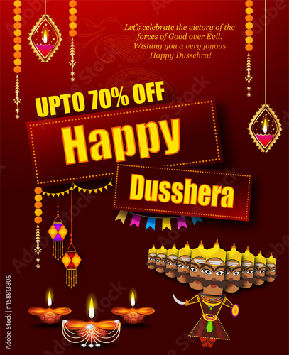 Greeting card of happy dusshera with bow and illustration of Lord Rama killing Ravana in Navratri Happy Dusshera festival of India(happy Vijayadashami). Vector illustration.
