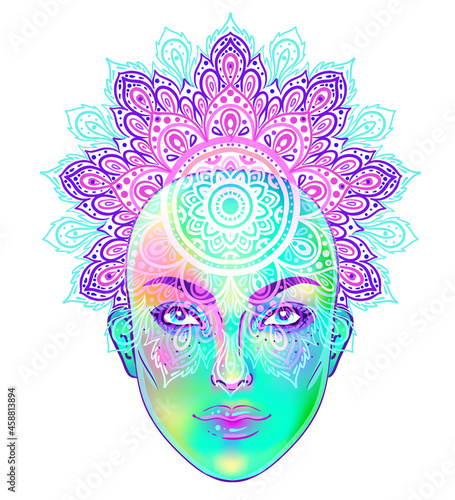 Gothic witch girl head portrait with green face and mandala. Vector color ill...