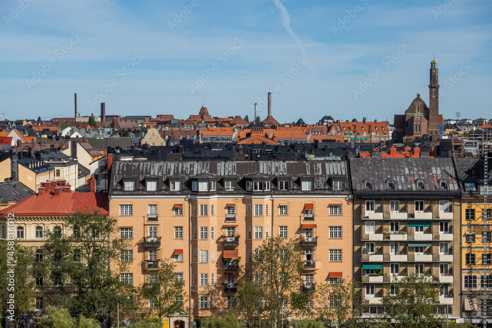View of buildings and roofs of the city from Stockholm Observatory. Stockholm panoramic view.