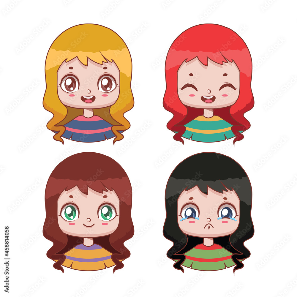 Collection of cute girl avatars with four different expressions and color schemes Collection of cute girl avatars with four different expressions and color schemes