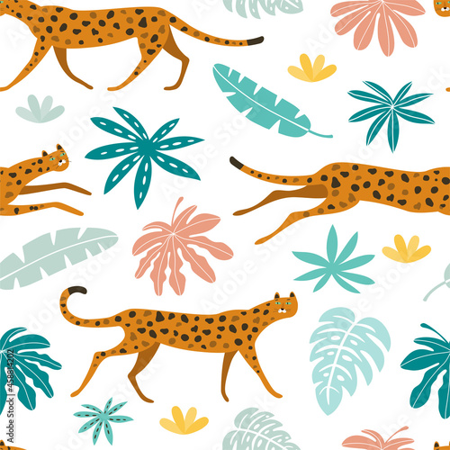 Seamless vector pattern with leopards and tropical leaves. Wild cats in the jungle.
