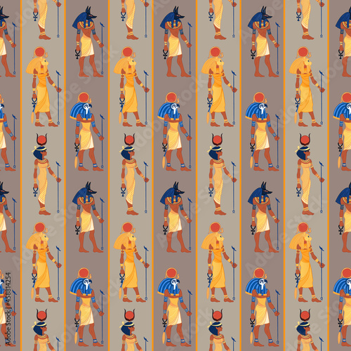 Ancient Egypt. Vintage seamless pattern with Egyptian gods. Retro hand drawn vector repeating illustration. Ra, Isis, Anubis, Sekhtmet.