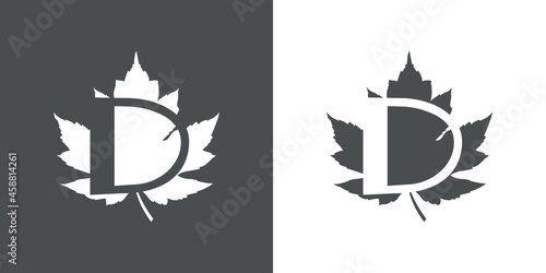 Logotipo letra inicial D en hoja de arce en fondo gris y fondo blanco