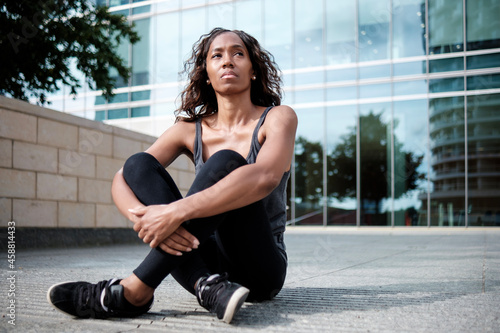 Mature black woman relaxing after exercise.