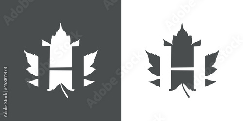 Logotipo letra inicial H en hoja de arce en fondo gris y fondo blanco