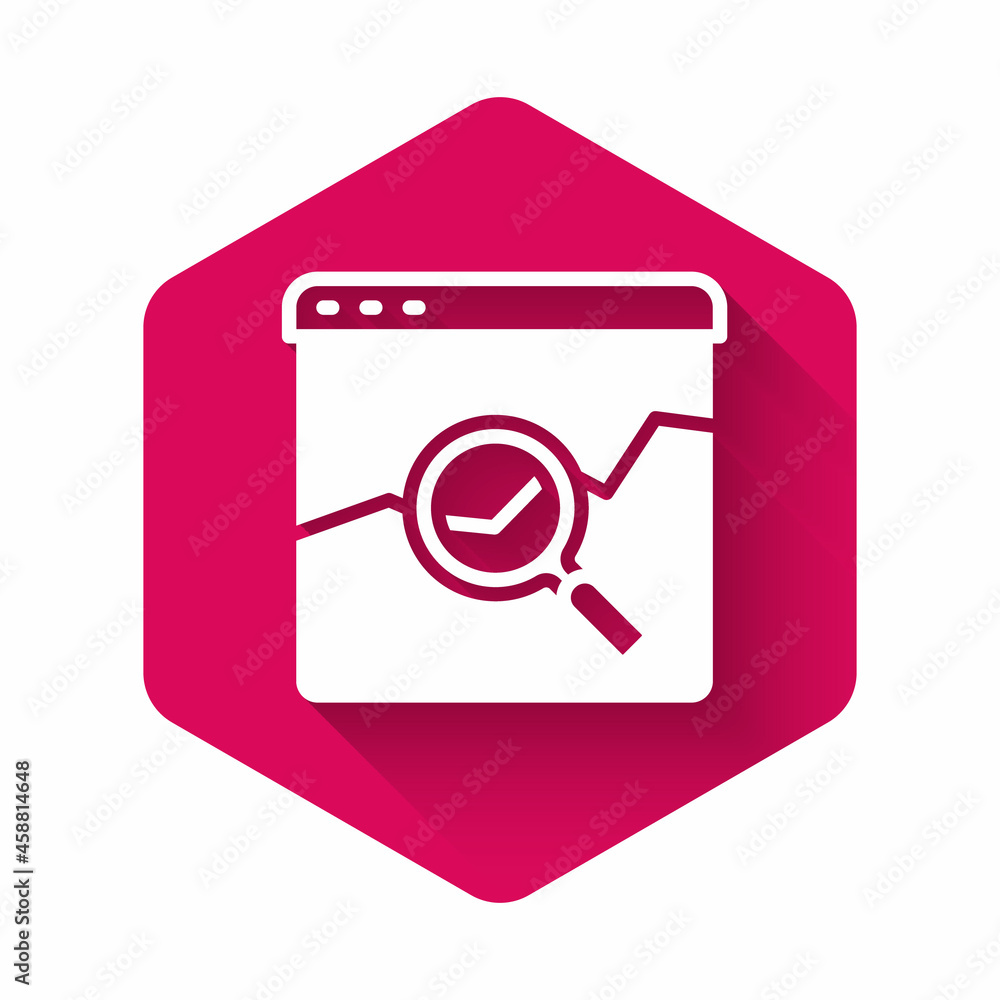 White Website with stocks market growth graphs and money icon isolated with long shadow background. Monitor with stock charts arrow on screen. Pink hexagon button. Vector White Website with stocks market growth graphs and money icon isolated with long shadow background. Monitor with stock charts arrow on screen. Pink hexagon button. Vector