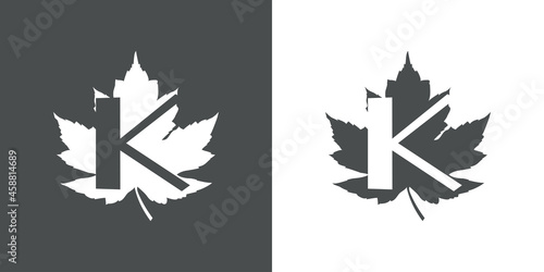 Logotipo letra inicial K en hoja de arce en fondo gris y fondo blanco