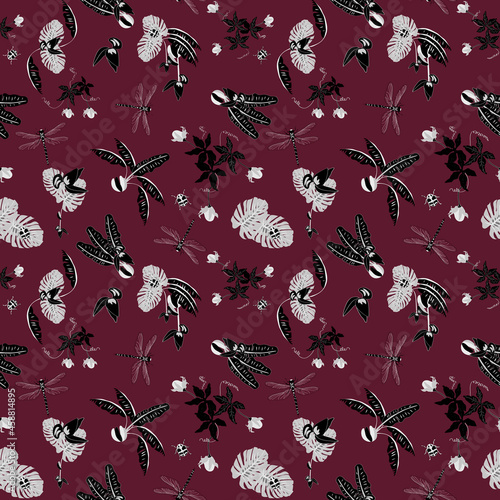 Violett Tropical Eden dragonfly seamless vector pattern 