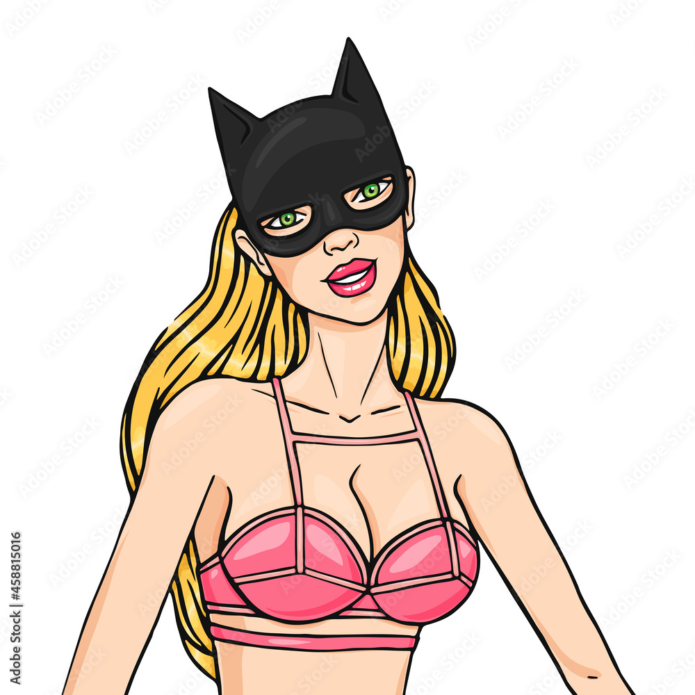 Beautiful blonde girl in pink lingerie and black leather fetish cat mask  isolated on white background. Sexy dominant girl cartoon illustration in  pop art retro style Stock-Vektorgrafik | Adobe Stock