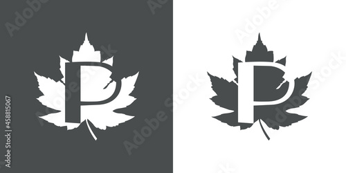Logotipo letra inicial P en hoja de arce en fondo gris y fondo blanco