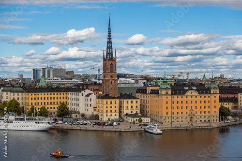 Panoramic view of Gamla Stan, sea and Stockholm old town from Mariaberget Observation Deck