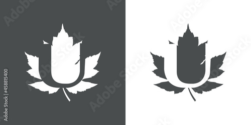 Logotipo letra inicial U en hoja de arce en fondo gris y fondo blanco