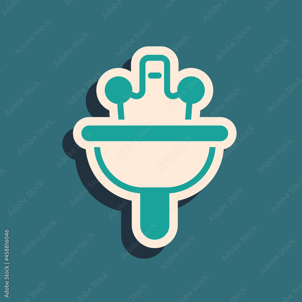 Green Washbasin with water tap icon isolated on green background. Long shadow style. Vector Green Washbasin with water tap icon isolated on green background. Long shadow style. Vector
