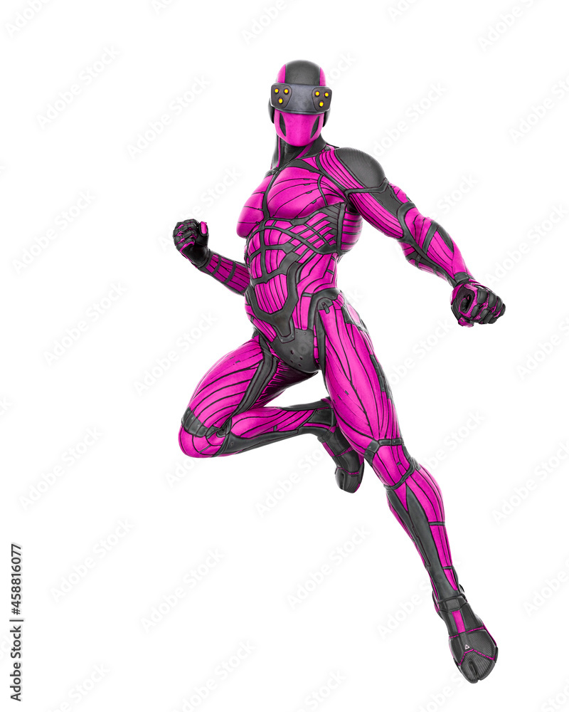 super hero in a exosuit is floating