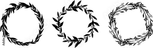 wheat floral set. circular laurel foliate. floral wreath frames. victory icon. circular laurel foliate. Black branch flat style