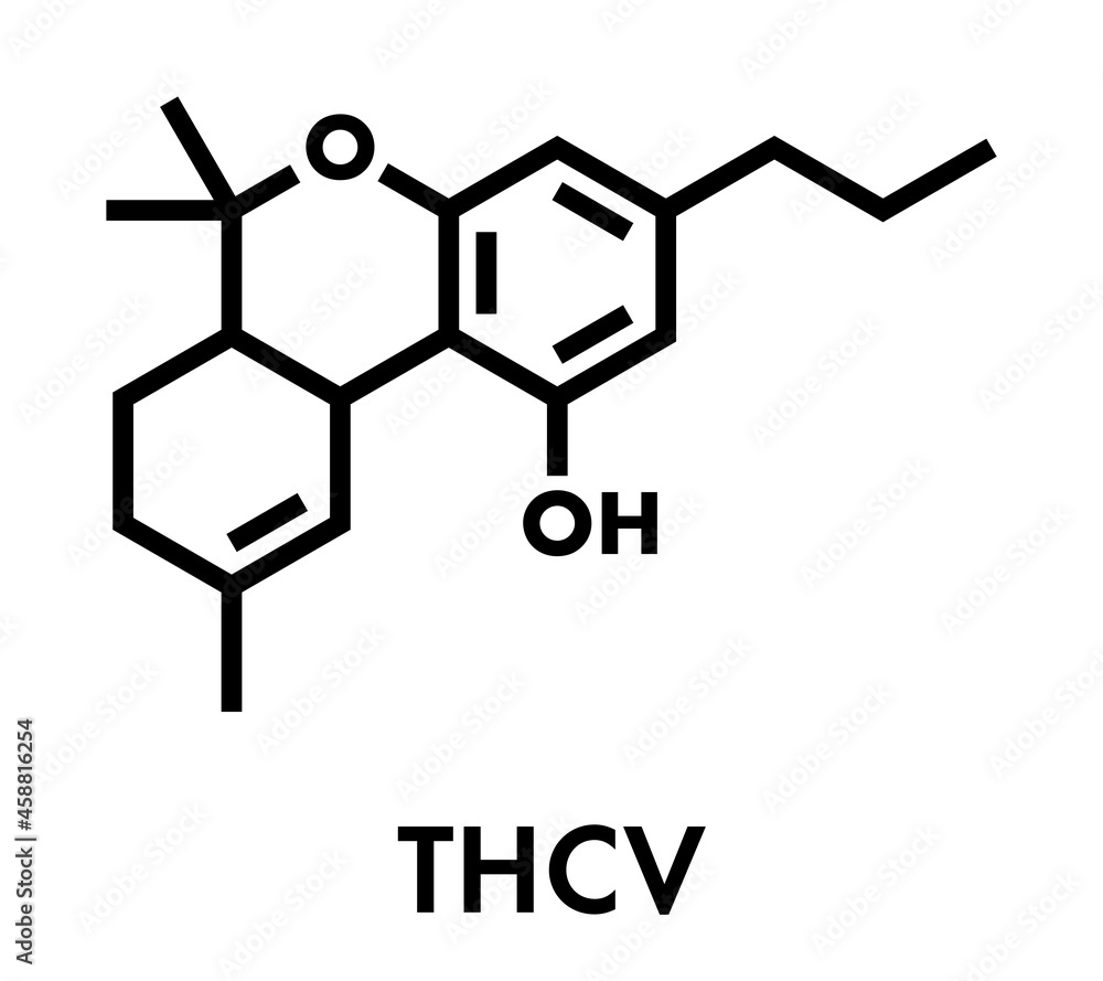 Tetrahydrocannabivarin or THCV cannabinoid molecule. Skeletal formula. Tetrahydrocannabivarin or THCV cannabinoid molecule. Skeletal formula.