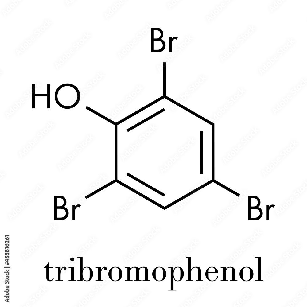 Tribromophenol (TBP, 2,4,6-Tribromophenol) molecule. Used as fungicide and wood preservative; Skeletal formula. Tribromophenol (TBP, 2,4,6-Tribromophenol) molecule. Used as fungicide and wood preservative; Skeletal formula.