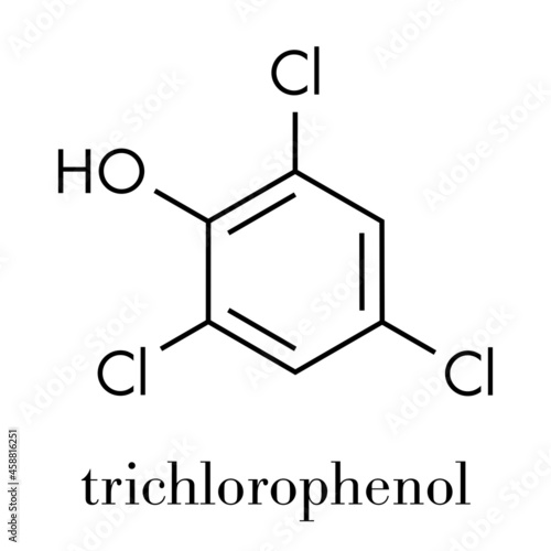 Trichlorophenol (TCP, 2,4,6-trichlorophenol) molecule. Skeletal formula.