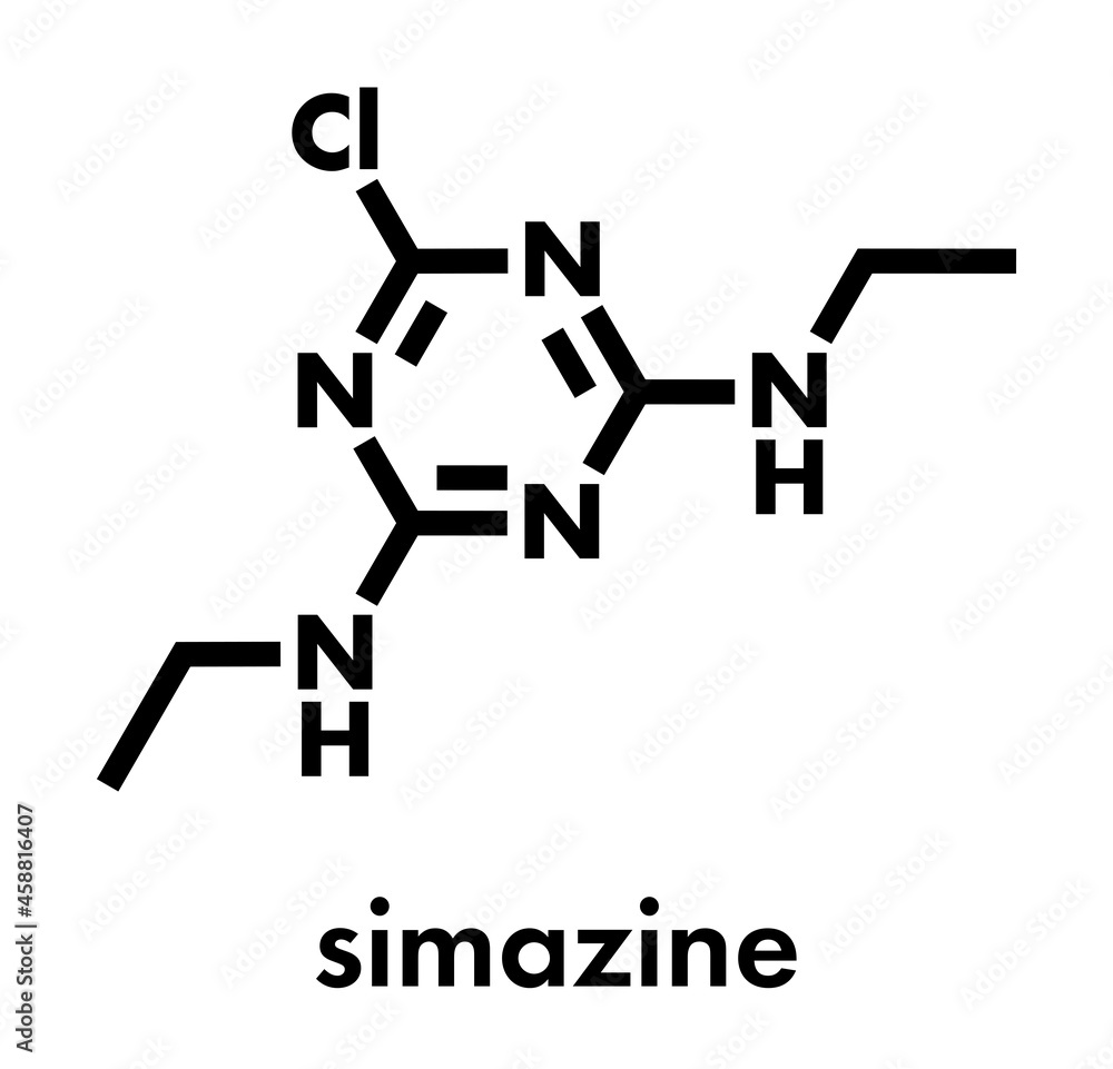 Simazine herbicide molecule. Skeletal formula. Simazine herbicide molecule. Skeletal formula.