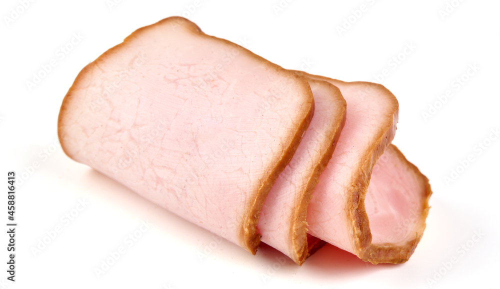 Smoked pork tenderloin, sliced ham, meat fillet, isolated on white background. Smoked pork tenderloin, sliced ham, meat fillet, isolated on white background.