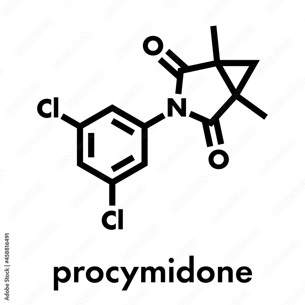 Procymidone pesticide molecule. Skeletal formula. Procymidone pesticide molecule. Skeletal formula.