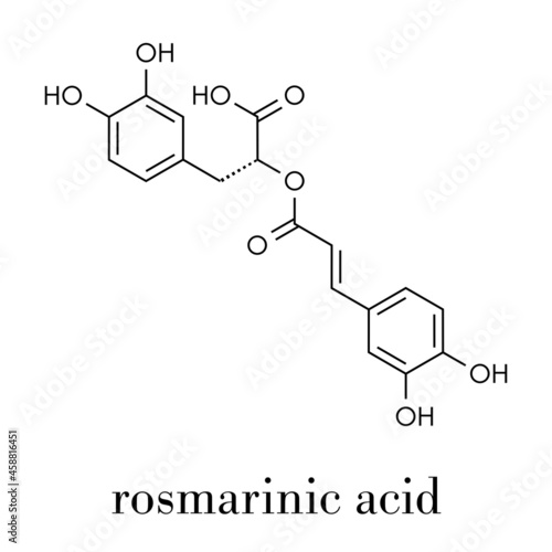 rosmarinic acid herbal antioxidant molecule. Present in a number of plants including rosemary (Rosmarinus officinalis). Skeletal formula.