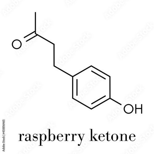 Raspberry ketone molecule. Primary aroma compound of raspberries. Used as food additive and in nutritional supplements. Skeletal formula.
