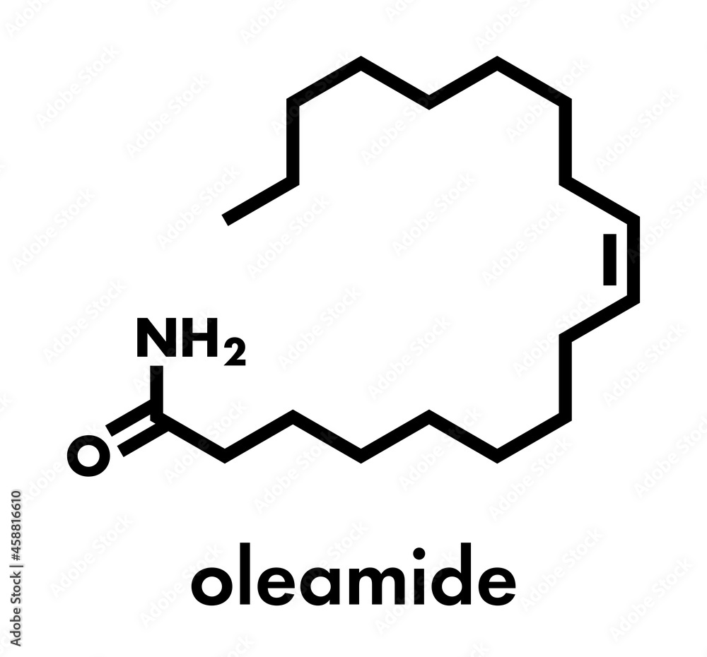 Oleamide molecule. Skeletal formula. Oleamide molecule. Skeletal formula.