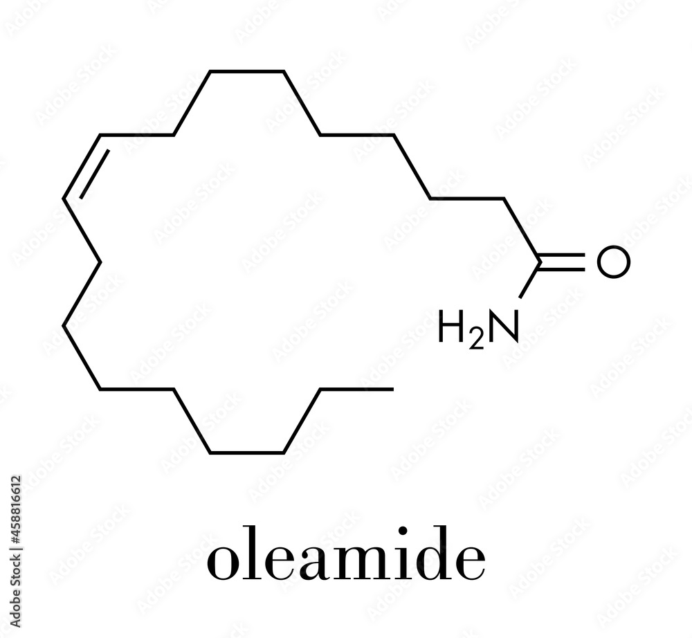 Oleamide molecule. Skeletal formula. Oleamide molecule. Skeletal formula.