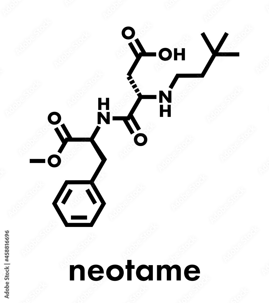 Neotame (E961) sugar substitute molecule. Skeletal formula. Neotame (E961) sugar substitute molecule. Skeletal formula.