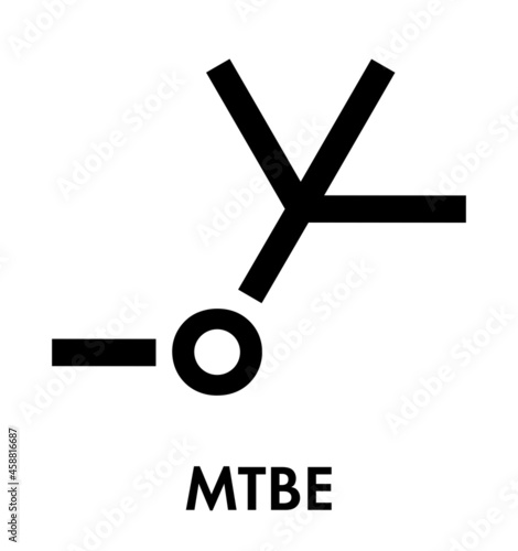 Methyl tert-butyl ether (MTBE, tBME) gasoline additive molecule. Skeletal formula.