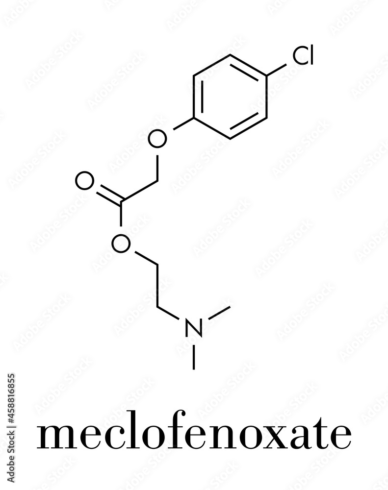 Meclofenoxate nootropic molecule. Skeletal formula. Meclofenoxate nootropic molecule. Skeletal formula.