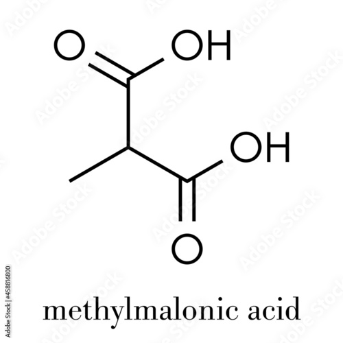 Methylmalonic acid molecule. Increased plasma levels may indicate vitamin B12 deficiency. Skeletal formula.