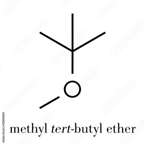 Methyl tert-butyl ether (MTBE, tBME) gasoline additive molecule. Skeletal formula.