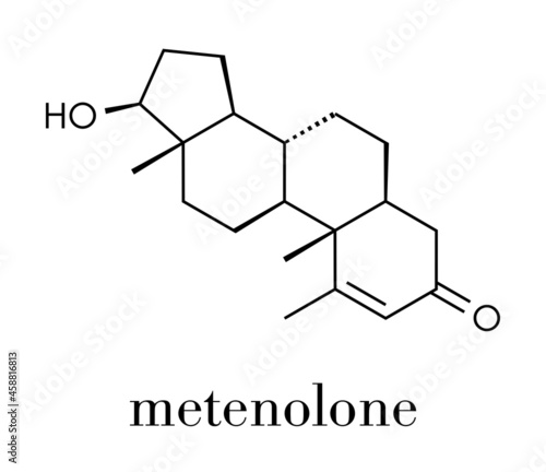 Metenolone anabolic steroid molecule. Used (banned) in sports doping. Skeletal formula. photo