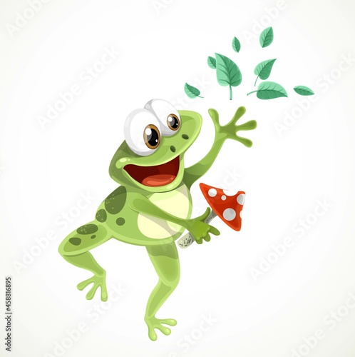 Cute cartoon frog with a fly agaric in one paw  jumps up and scatters leaves in the other isolated on a white background
