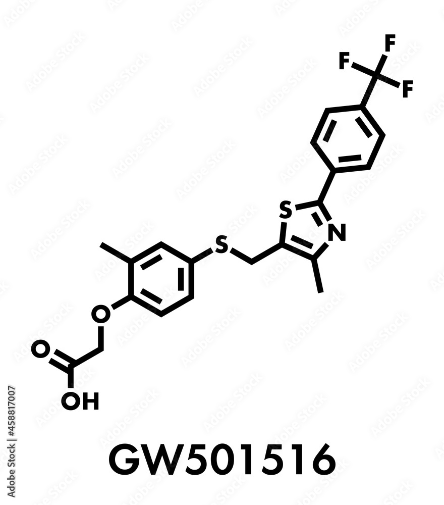 GW501516 (endurobol) performance enhancing drug molecule (illegal). Skeletal formula. GW501516 (endurobol) performance enhancing drug molecule (illegal). Skeletal formula.
