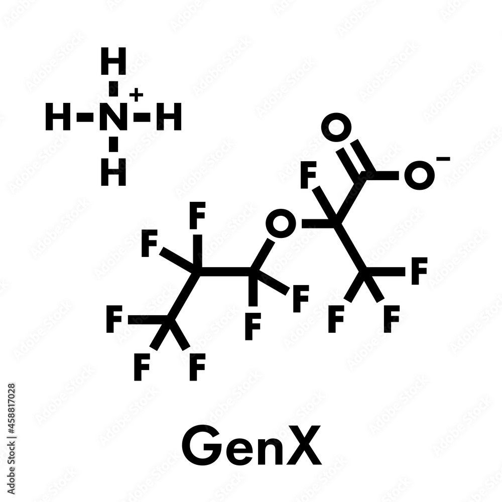 Ammonium perfluoro(2-methyl-3-oxahexanoate) molecule, also known as GenX or FRD-902. Skeletal formula. Ammonium perfluoro(2-methyl-3-oxahexanoate) molecule, also known as GenX or FRD-902. Skeletal formula.