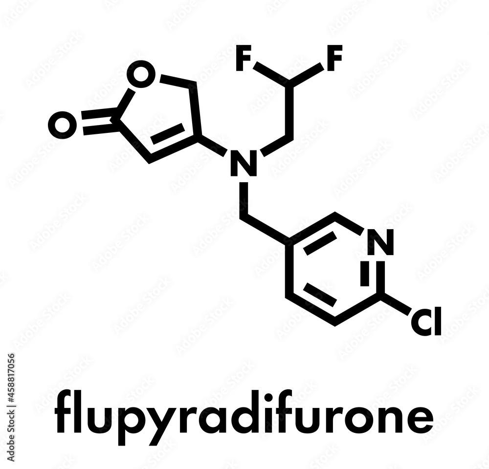 Flupyradifurone neonicotinoid insecticide molecule. Skeletal formula. Flupyradifurone neonicotinoid insecticide molecule. Skeletal formula.