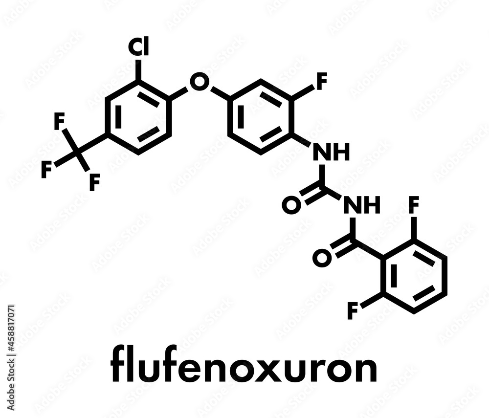 Flufenoxuron insecticide molecule. Skeletal formula. Flufenoxuron insecticide molecule. Skeletal formula.