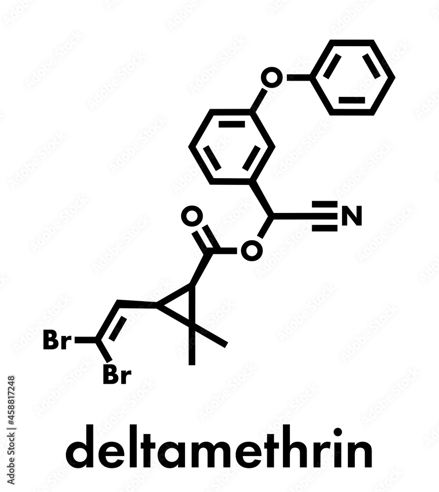Deltamethrin insecticide molecule (synthetic pyrethroid). Skeletal ...