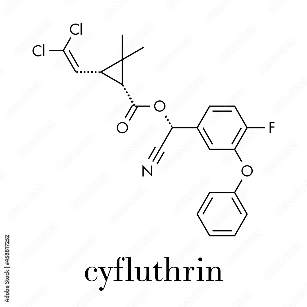 Cyfluthrin insecticide molecule. Skeletal formula. Cyfluthrin insecticide molecule. Skeletal formula.