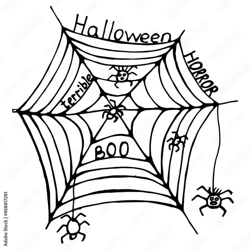 White hand drawn Halloween vector illustration with spiderweb and spiders. White hand drawn Halloween vector illustration with spiderweb and spiders.
