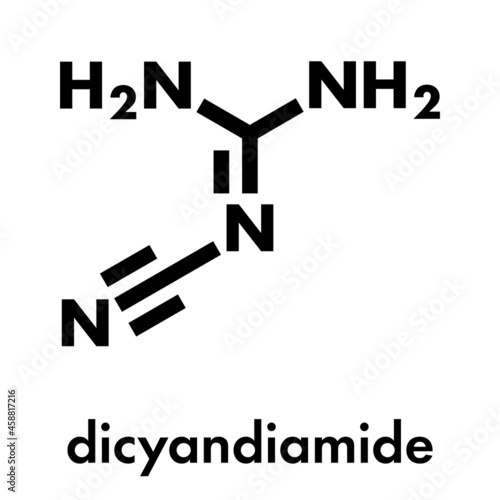 Dicyandiamide (2-cyanoguanidine, DCD) molecule. Used as fertilizer and in chemical synthesis. Skeletal formula. photo